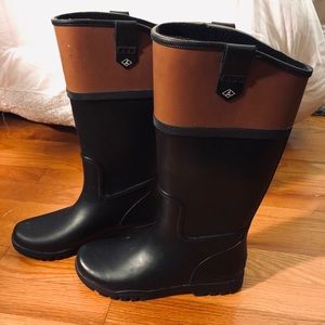 Sperry tall black and brown tall rain boots!